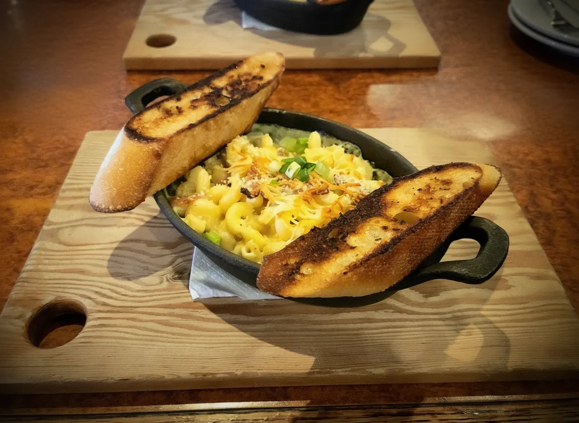 Mac and cheese in a skillet with toasted bread
